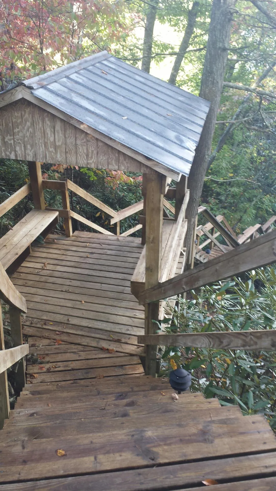 Metal roofed shelter over wooden steps on a wooded walkway — Skylight Repair & Installation work by our crew in Haynesville